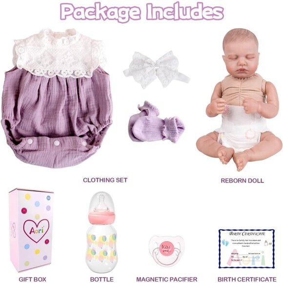 20 Inch Realistic Sleeping Newborn Baby Girl with Poseable Limbs and Feeding Set - Picture 7 of 8